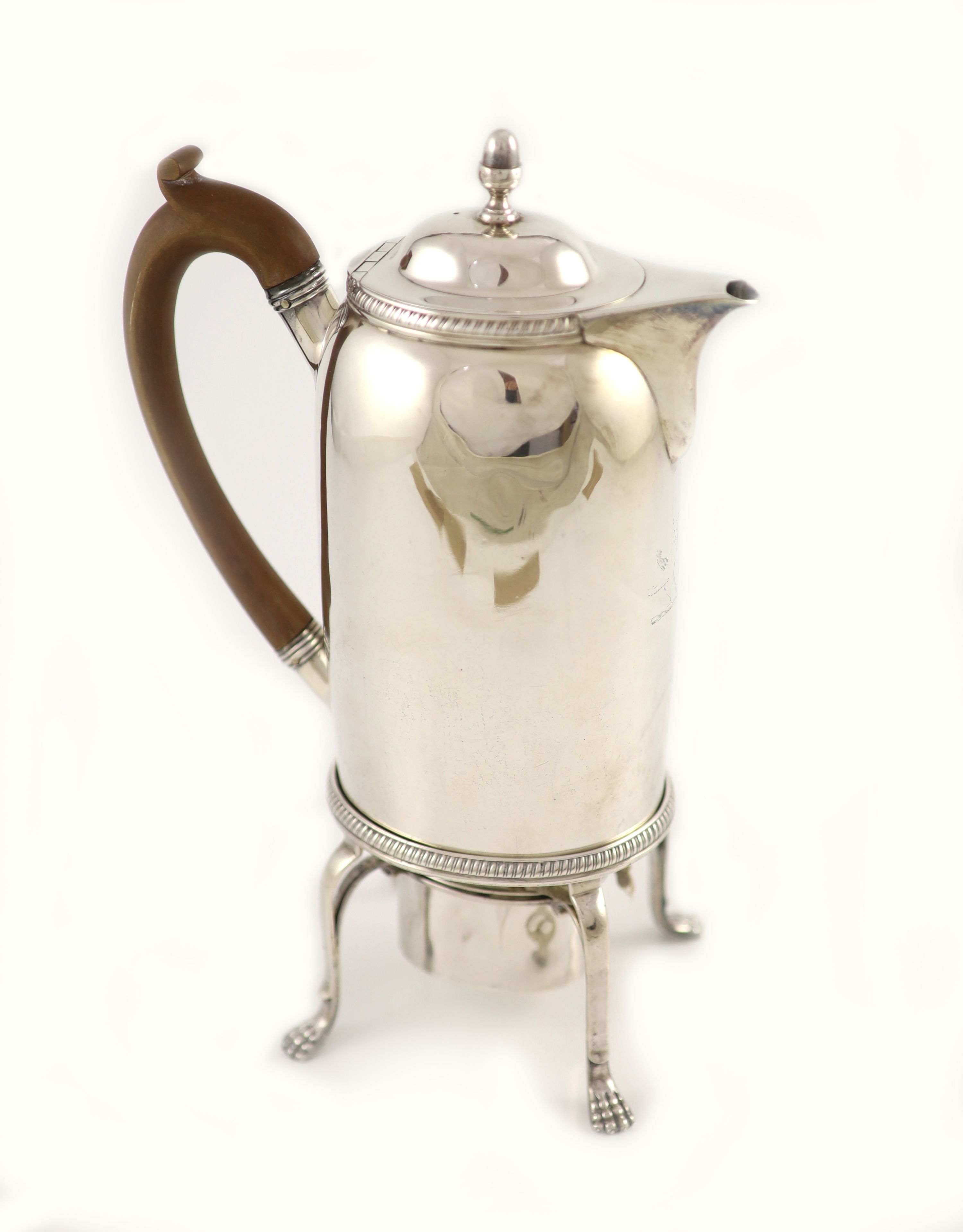 A George III silver oval biggin pot, John Edwards III, London, 1799, on stand with burner, John Edwards III, London, 1803